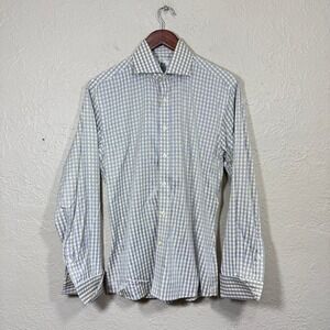 Vtg Vogue Button Up Shirt Med Gingham Check Plaid Yellow Blue Cotton 90s Preppy